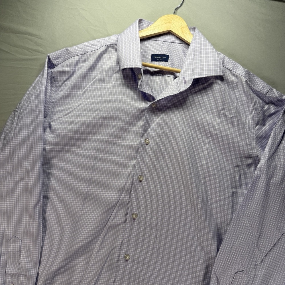 Proper Cloth Button Up Shirt Mens 17.5 Purple Check Long Sleeve Non Iron Picnic